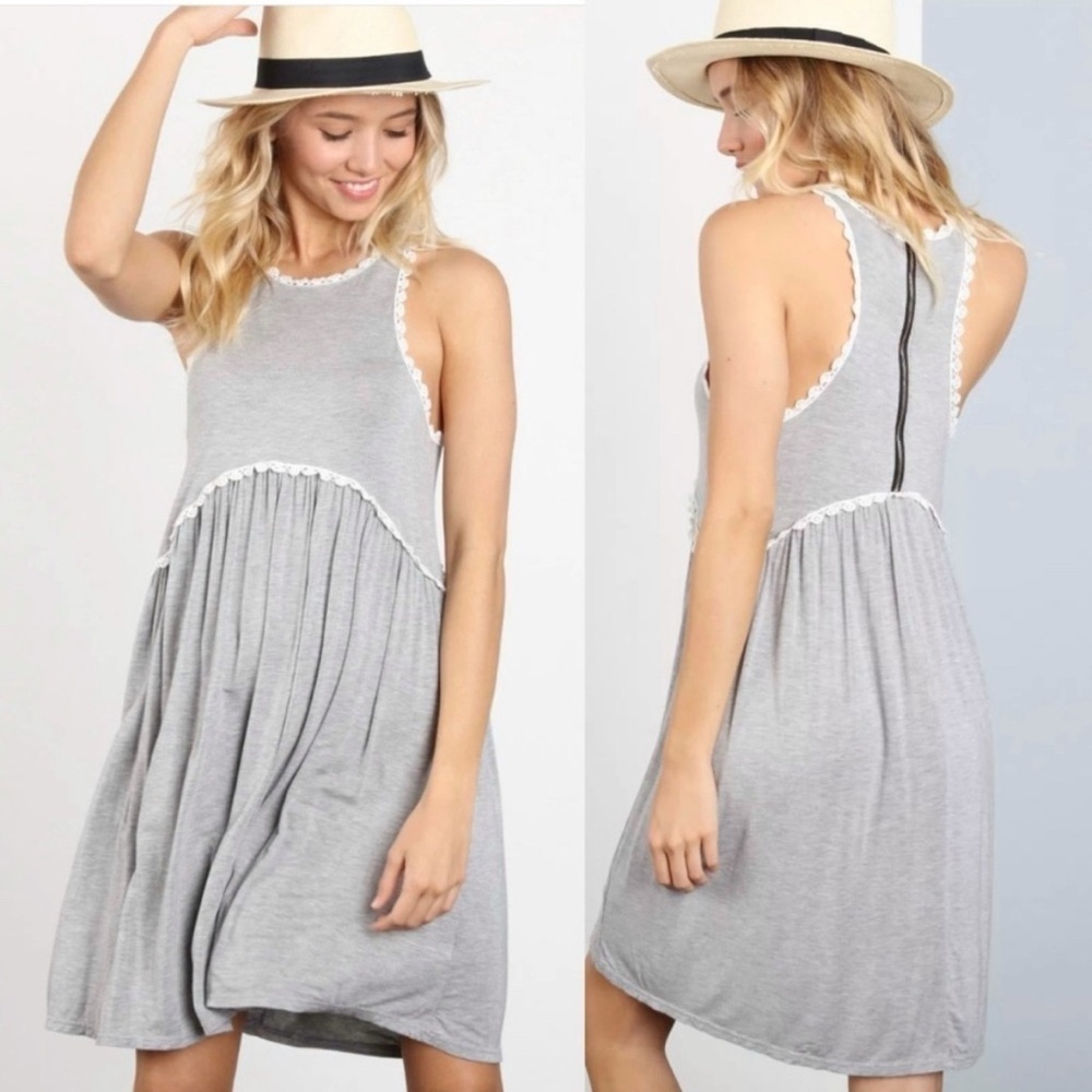 POL Gray Sleeveless Babydoll Tunic Top with Crochet Trim – Size M